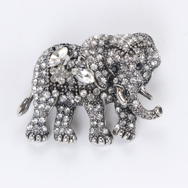 Antique silver-tone elephant brooch pin fully encrusted with brilliant clear crystals 