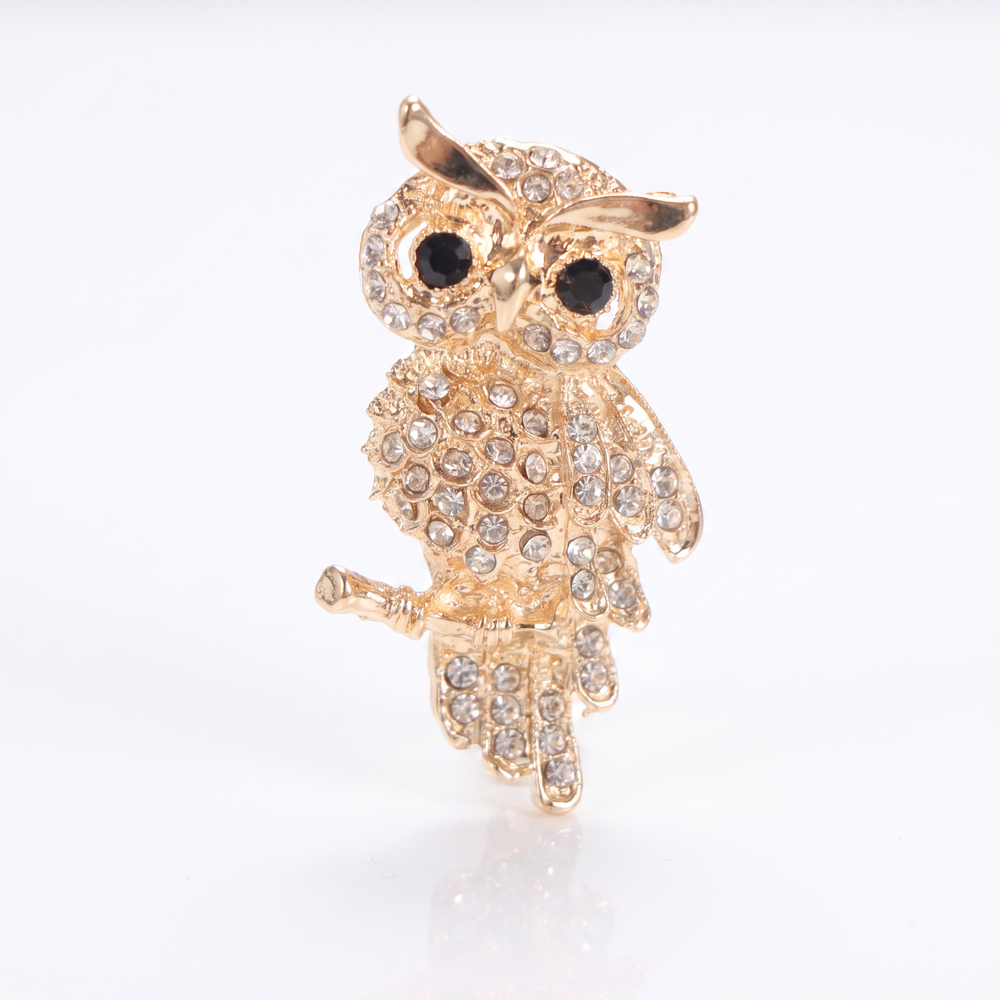Gold owl brooch pin encrusted with clear crystals and black crystal eyes perched on a branch against a white background by Delemon