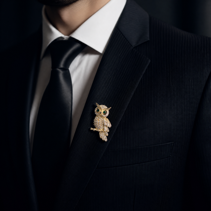 Gold owl brooch pin encrusted with clear crystals and green crystal eyes perched on a branch against a white background by Delemon
