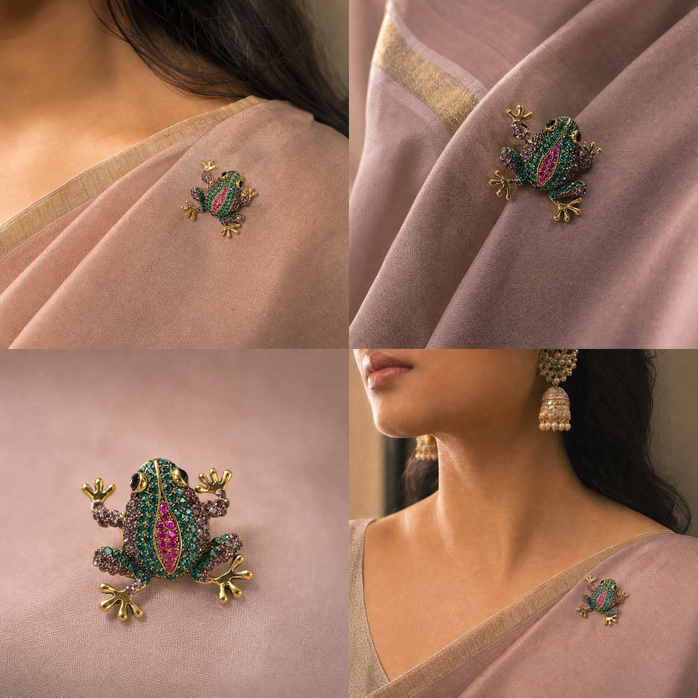 Antique gold-tone tree frog brooch pin encrusted with emerald green, purple, and hot pink crystals 