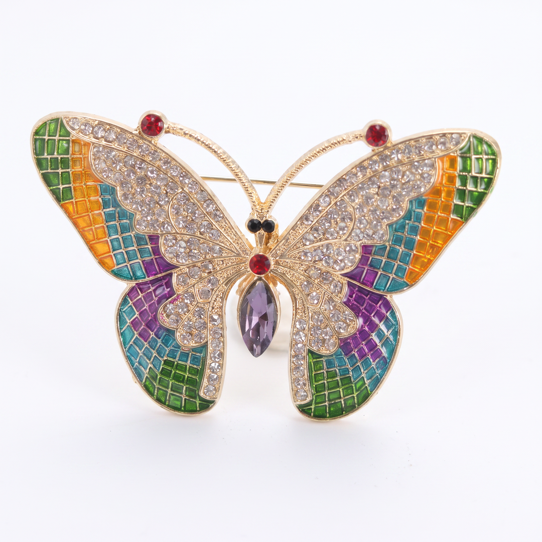Colorful stained-glass style butterfly brooch pin with clear crystals and a purple marquise center stone