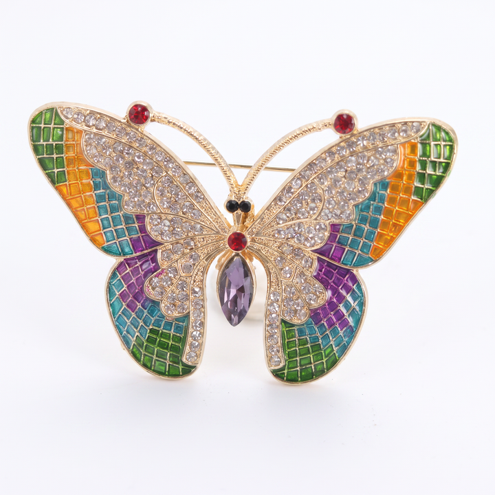 Colorful stained-glass style butterfly brooch pin with clear crystals and a purple marquise center stone