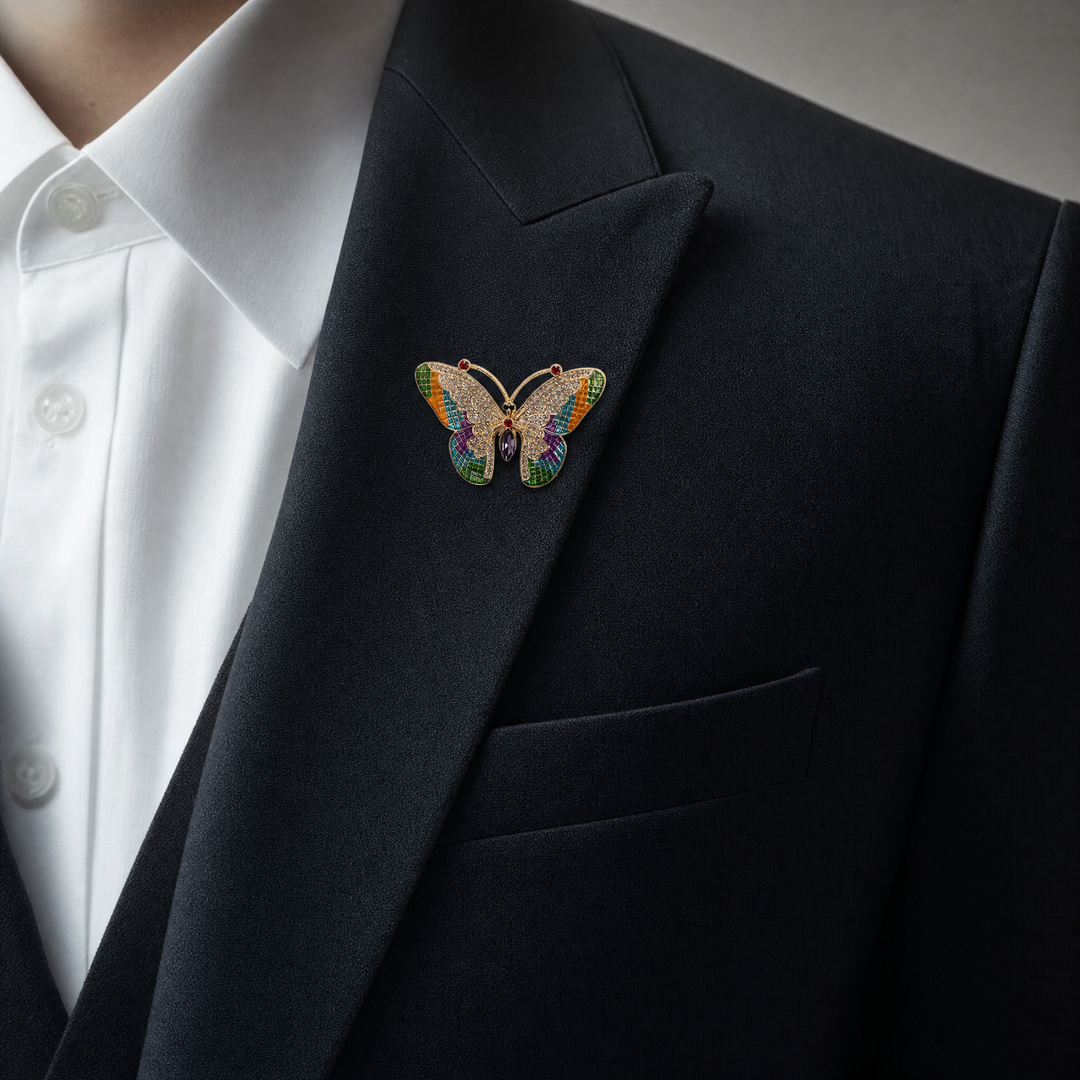 Colorful stained-glass style butterfly brooch pin with clear crystals and a purple marquise center stone