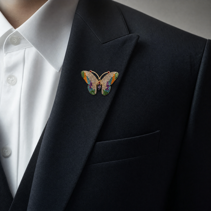 Colorful stained-glass style butterfly brooch pin with clear crystals and a purple marquise center stone