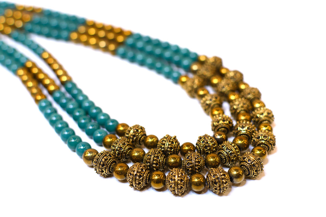 Glass Bead Necklace with Metal Beads